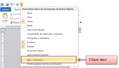 Imagem exibindo um menu suspenso, onde há destaque para o comando "mais comandos..." e uma seta com uma caixa de texto escrita: "clique aqui".