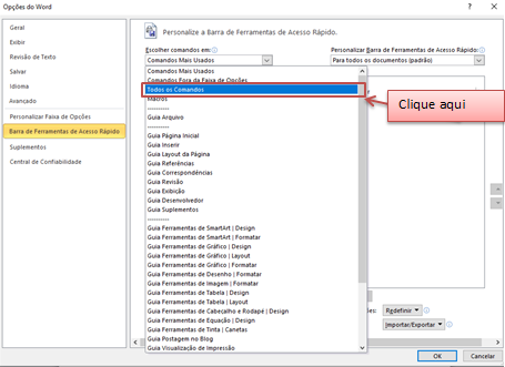 Imagem da opção "Todos os comandos", localizada nas opções do Word.
